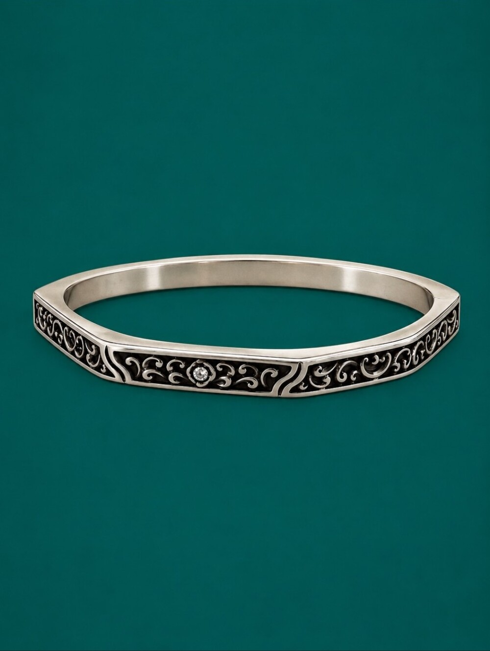 BRIGHTON Silver Plated Scroll Deco Lace Crystal Octagon Bangle Bracelet